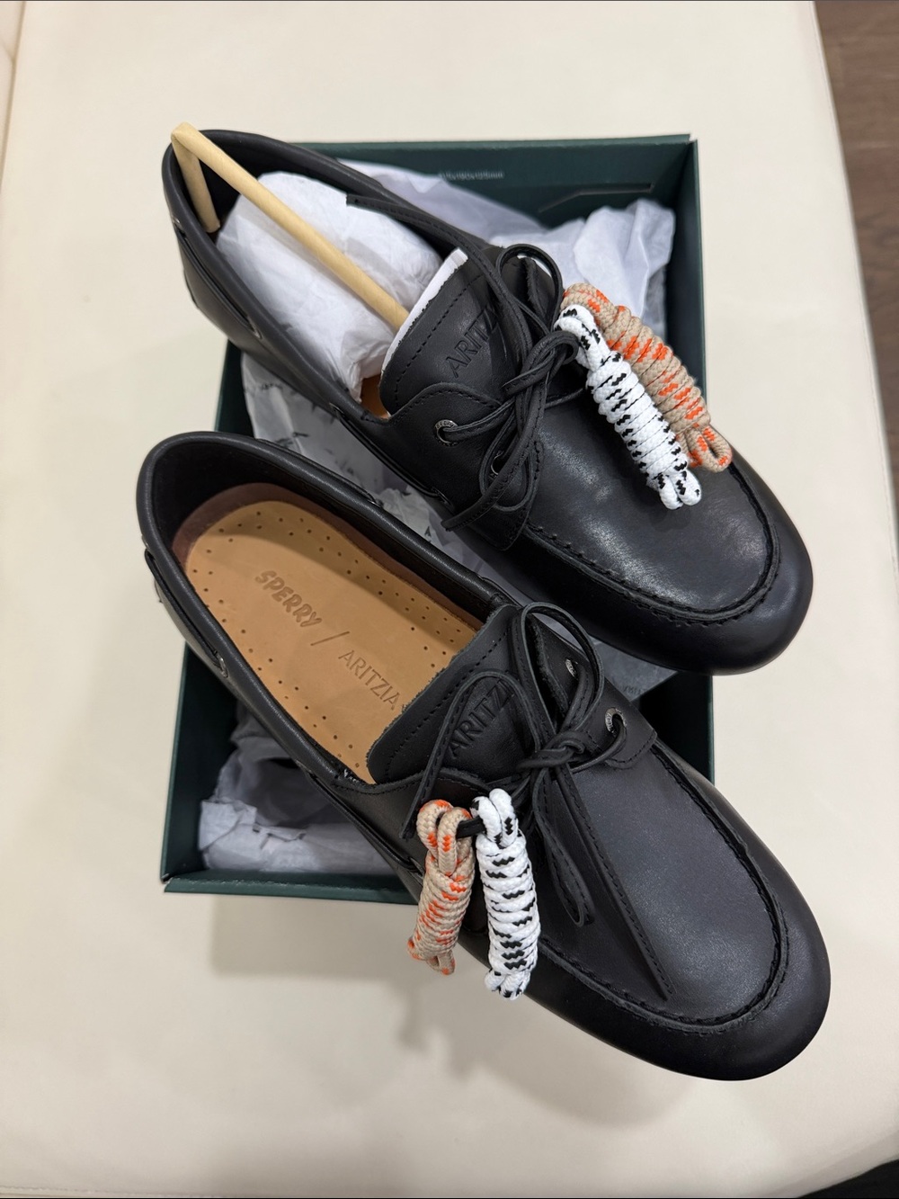 Sperry Black Leather Boat Shoes with Orange & White Accents